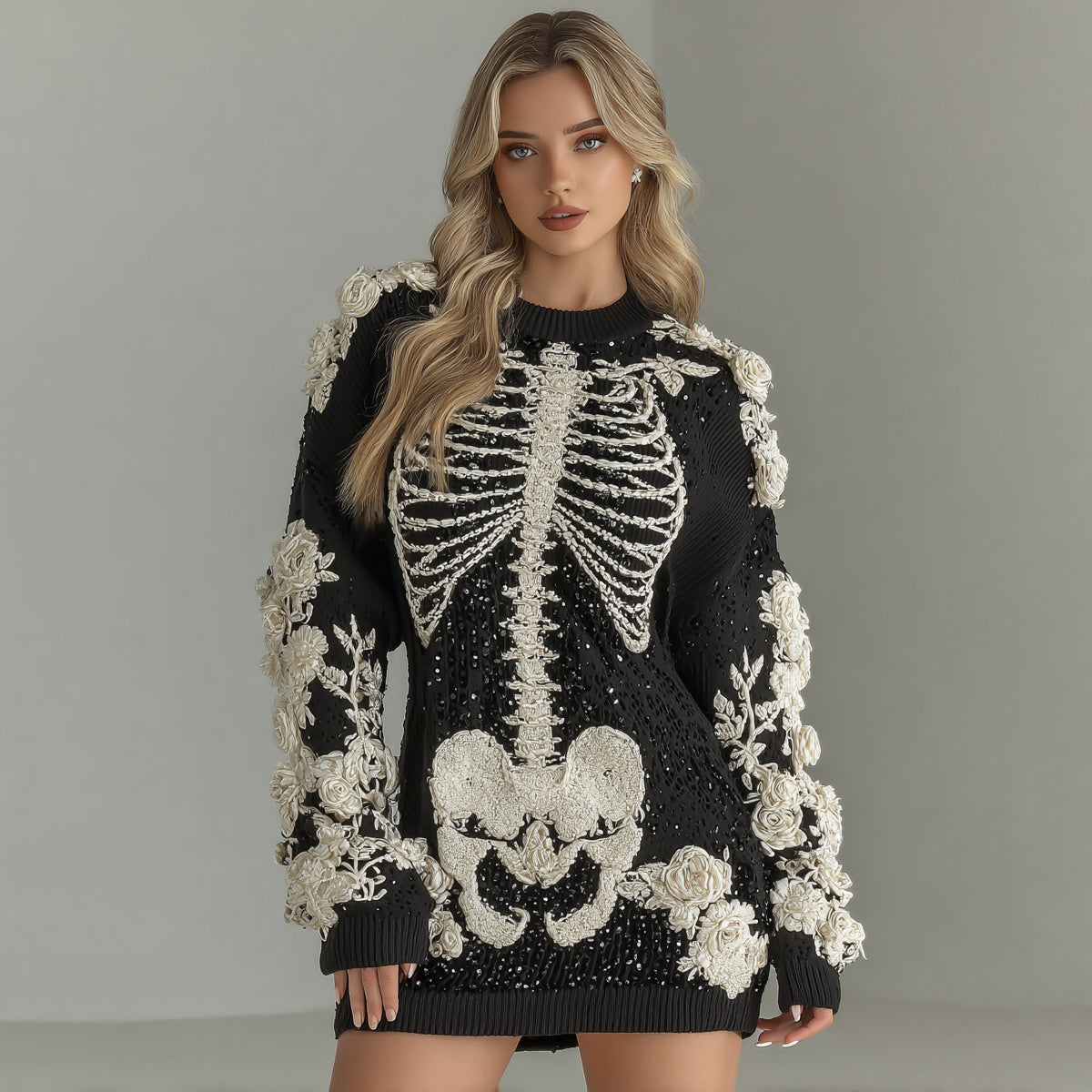 Women's Halloween Skeleton Bones With Rose Art Hot Sexy Style Cozy Knit Mini Sweater Dress artswardrobe