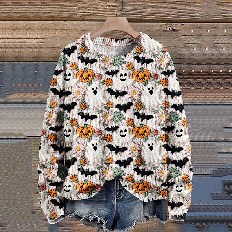 Ghost Flower Pumpkin Autumn Season Halloween Art Print Knit Pullover Sweater artswardrobe