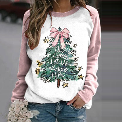 Comstylish Christmas Tree Print Crew Neck Casual Sweatshirt