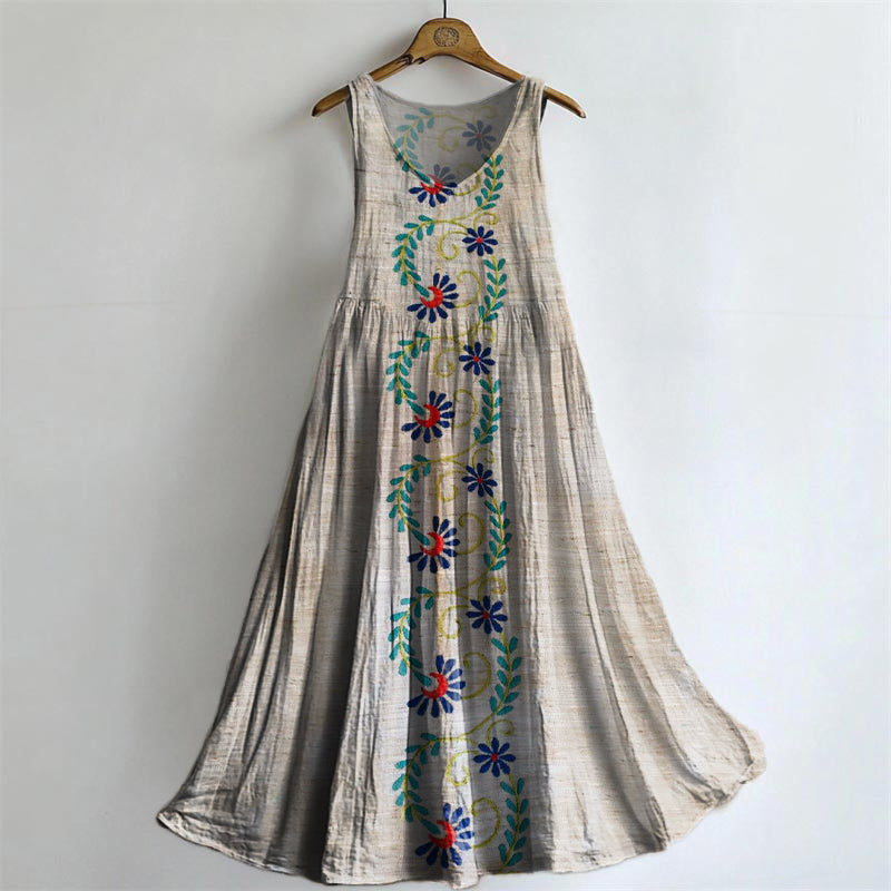 Women's Bohemian Floral Art Print Crew Neck Sleeveless Cotton Pocket D