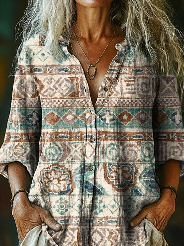 Women's Vintage Ethnic Tattoo Pattern Art Print Linen Cotton Casual Sh