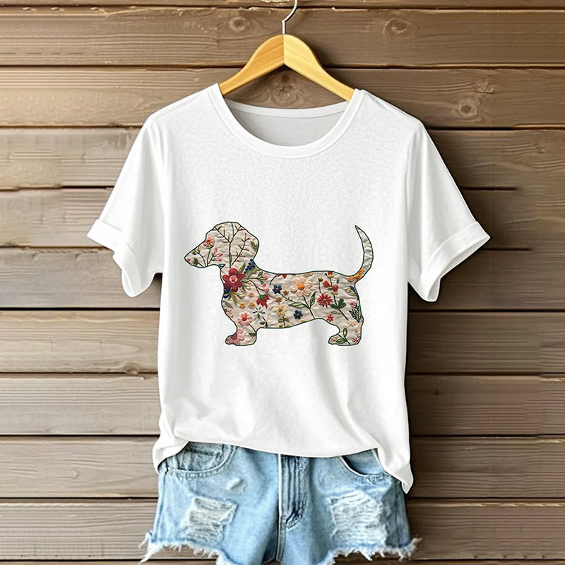 Comstylish Women's Classic Dachshund In Floral Inspired Painting Embroidered Casual Linen T-shirt