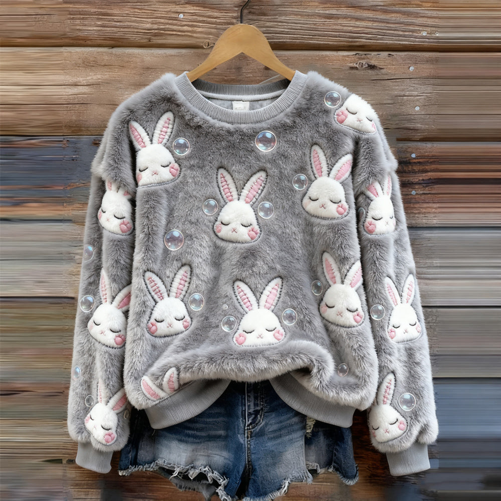 Cute Rabbits & Bubbles Embroidered Cozy Plush Sweatshirt artswardrobe