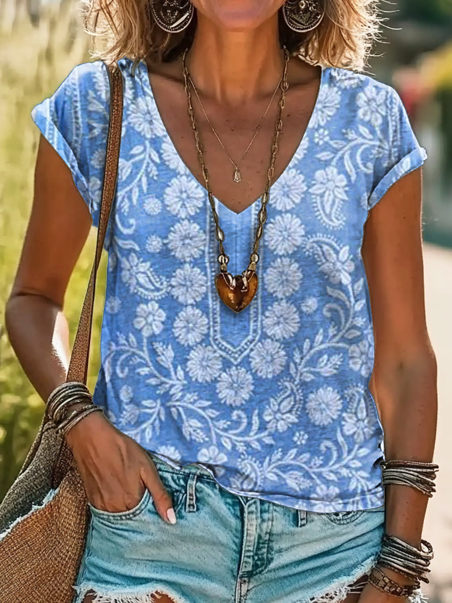 Vintage Ethnic Floral Art Print 100%Cotton V-neck T-Shirt