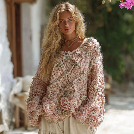 Women's Boho Rose Chunky Knit Crew Neck Aran Sweater artswardrobe