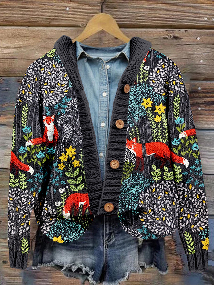 Fox in the Forest Graphic Comfy Hooded Cardigan artswardrobe