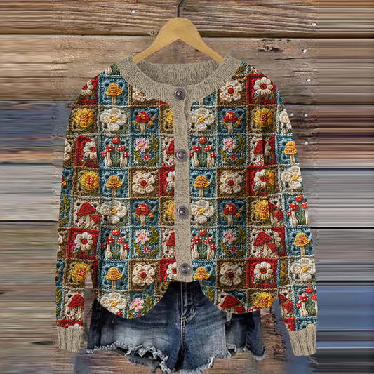 Vintage Icelandic Square Mushroom Floral Knitted Warm Cardigan Sweater elevenforest