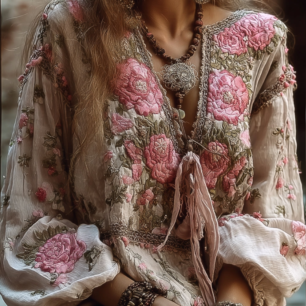 Comstylish Bohemian Pink Floral Vintage Casual Round Neck Beige Long-sleeved Top