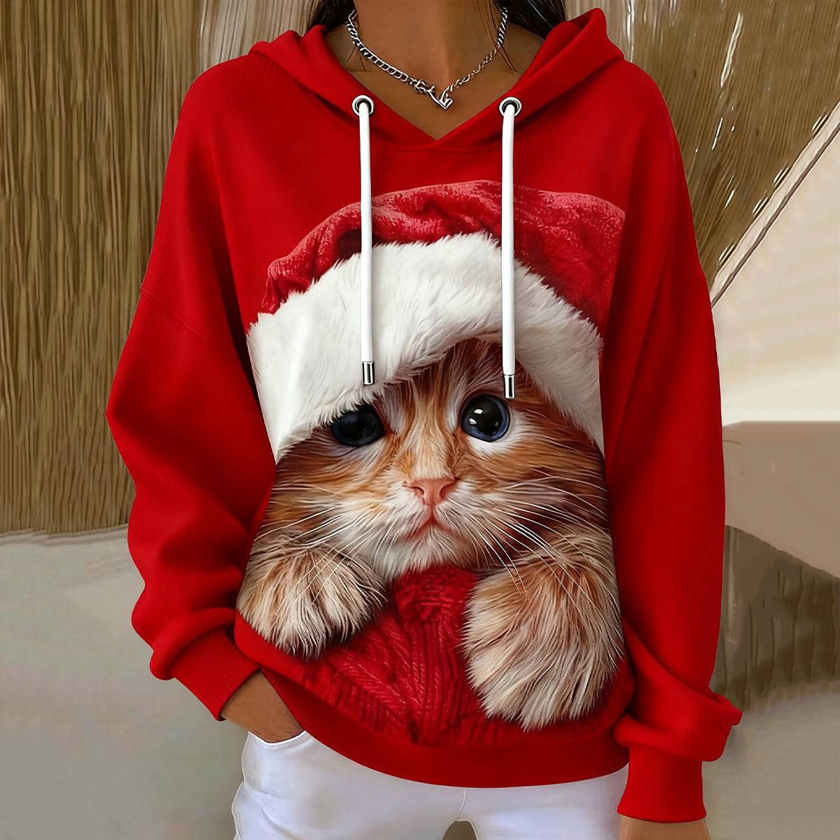 Women's Cute Christmas Cat Art Drawstring Hoodie elevenforest