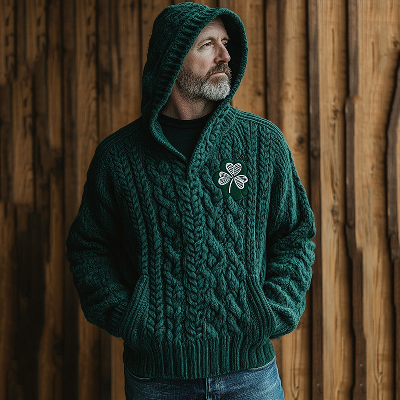 St. Patrick's Day Shamrock Jacquard Knit Hooded Sweater artswardrobe