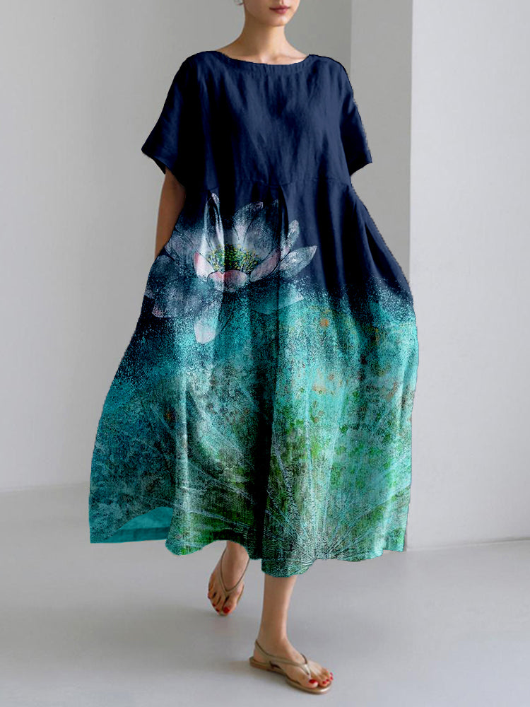 Vintage Lotus Flower Art Linen Blend Comfy Maxi Dress