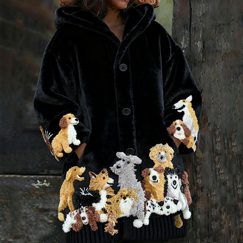 Comstylish Retro Cute Puppy Fleece Hooded Cardigan