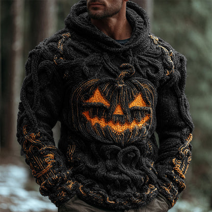 Halloween Pumpkin Emoji Men's Chunky Knit Hooded Sweater artswardrobe