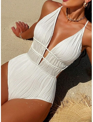 Swimwear One Piece Monokini High Cut Swimsuit Tummy Control High Waist Slim Backless Vacation Beach Wear Color Plunge Sleeveless Bathing Suits