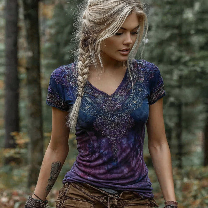 Women's Vintage Gradient Viking Celtic Knot Embroidered Art T-shirt artswardrobe