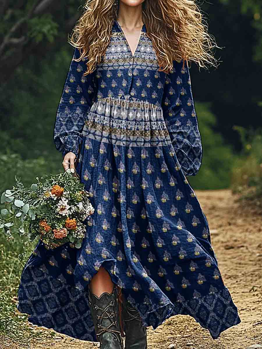 Women's Geometric Vintage Art Floral Pattern Cotton And Linen Dress