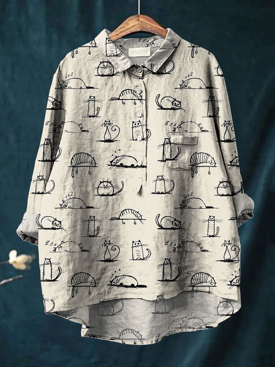 Women's Cat Art Print Casual Cotton And Linen Shirt