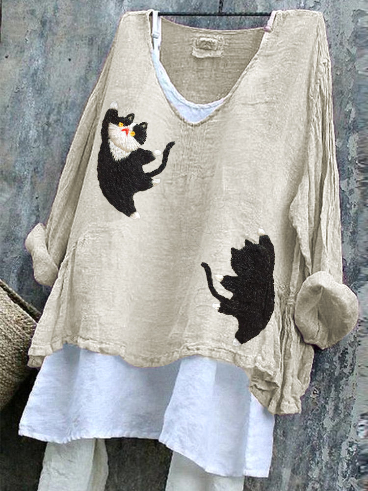 Cats Embroidery Pattern Linen Blend Casual Vintage Shirt elevenforest
