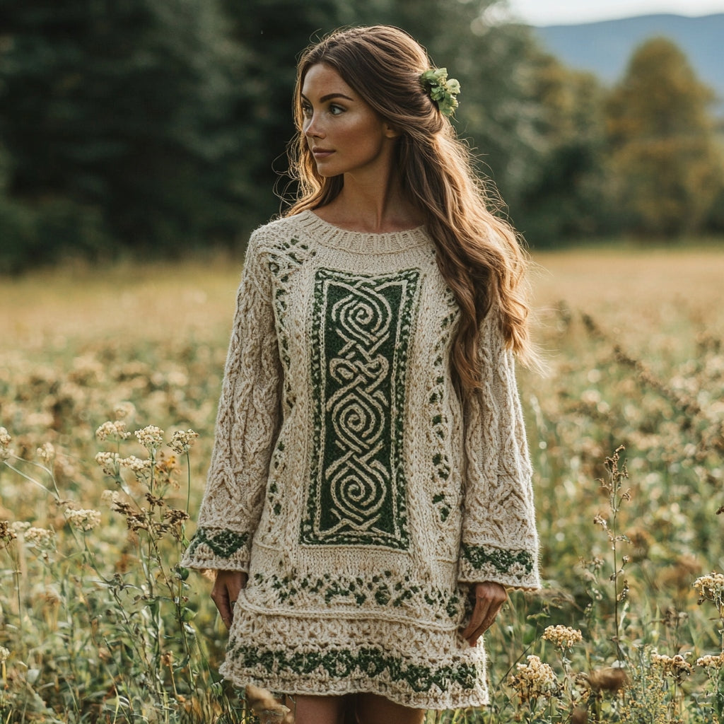 Women's Irish Celtic Knot Jacquard Crew Neck Contrast Color Sweater Dress elevenforest