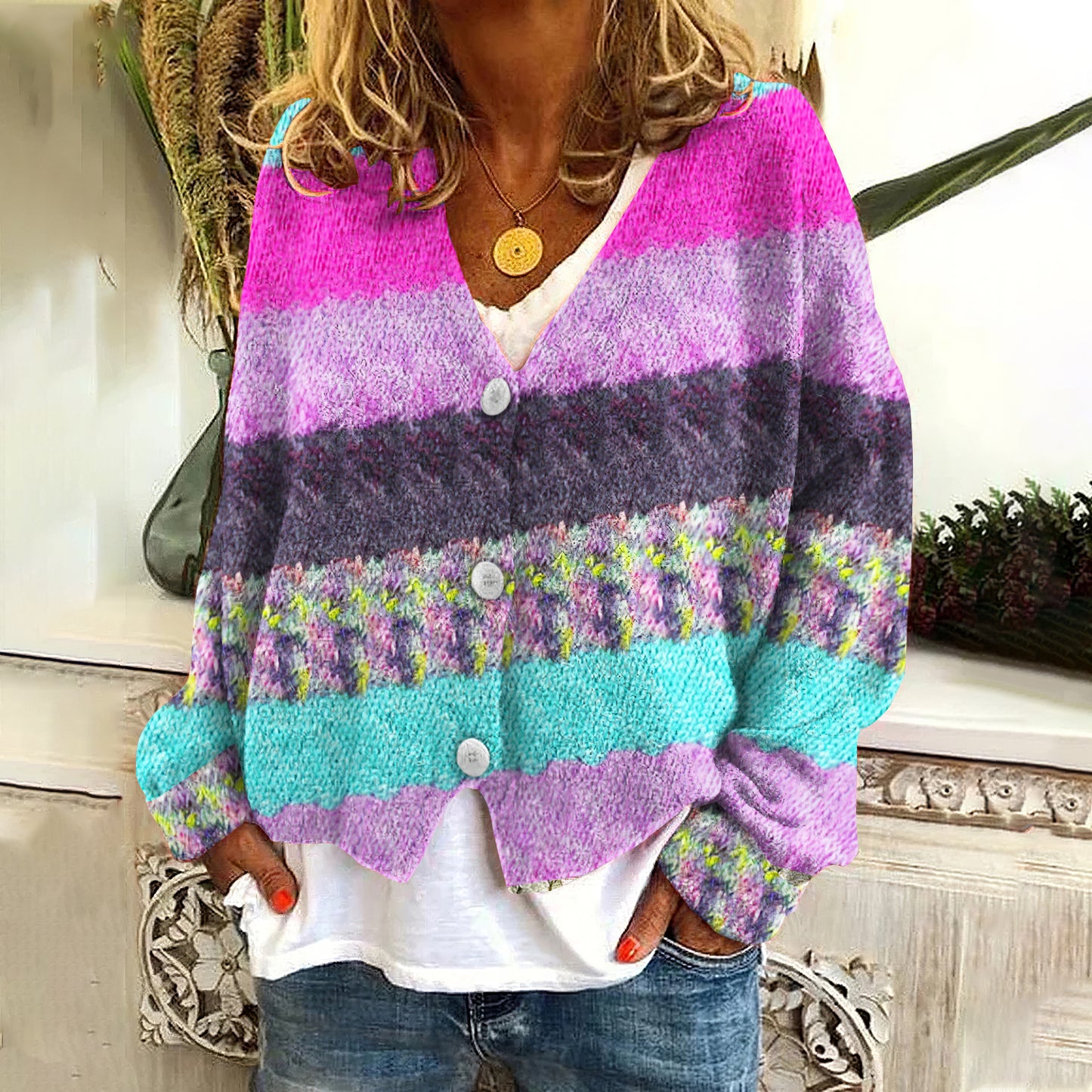 Colorful Striped Print V-Neck Long Sleeved Knitted Cardigan elevenforest