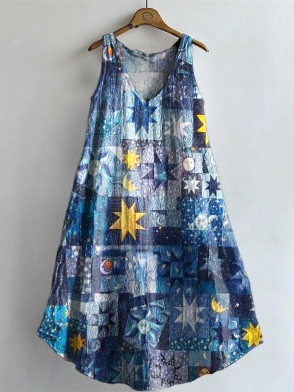 Women's Mysterious Star Moon Patchwork Print V-neck Pocket Cotton Dres