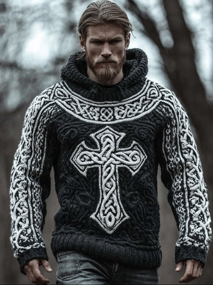 Men's Viking Style Cross Black And White Hooded Sweater artswardrobe