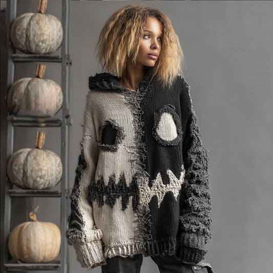 Halloween Pumpkin Face Black And White Patchwork Sweater artswardrobe