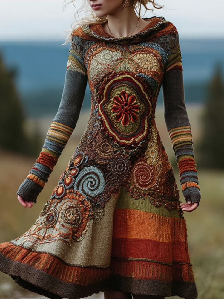 Bohemian Style Autumn And Winter Warm Women's Hooded Knitted Sweater Dress artswardrobe