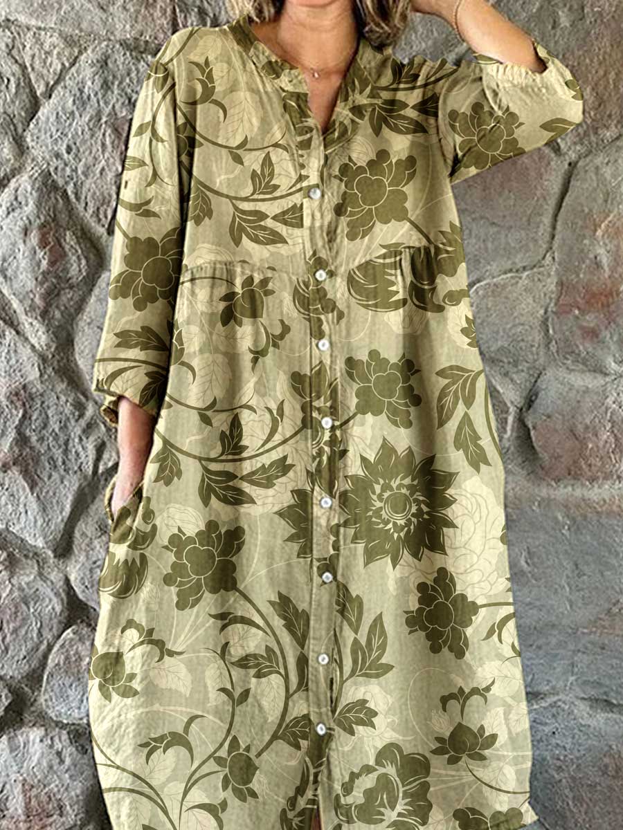 Women's Resort Art Floral Cotton Shirt Dress