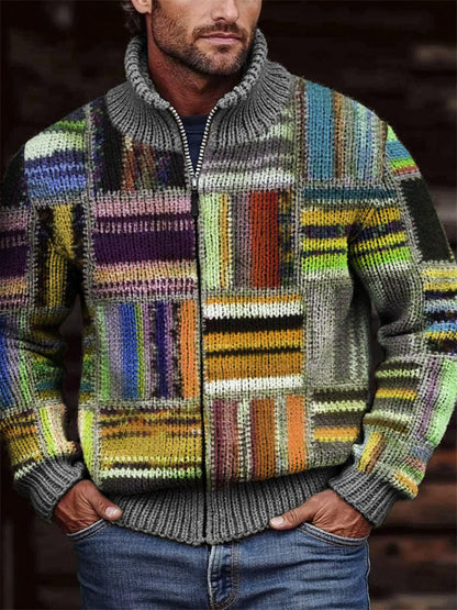 Men's Retro Colorblock Patchwork Cozy Full Zip Cardigan artswardrobe