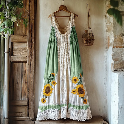 Boho Sunflowers Embroidered Gradient Lace Patchwork Linen Dress artswardrobe