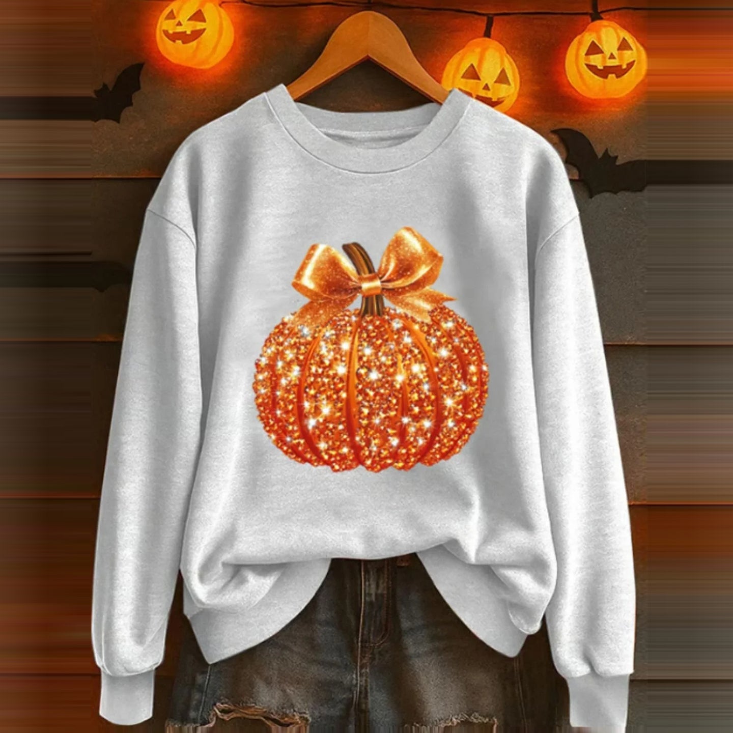 Women's Halloween Pumpkin Sequin Print Crew Neck Long Sleeve Sweatshirt artswardrobe