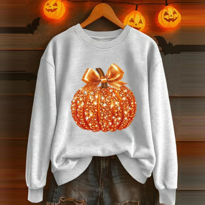 Women's Halloween Pumpkin Sequin Print Crew Neck Long Sleeve Sweatshirt artswardrobe