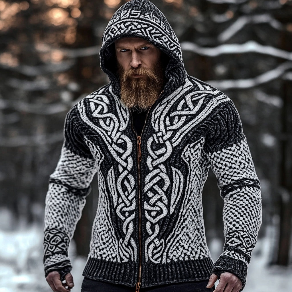 Men's Viking Celtic Pattern Cozy Knit Zip Hooded Sweater artswardrobe