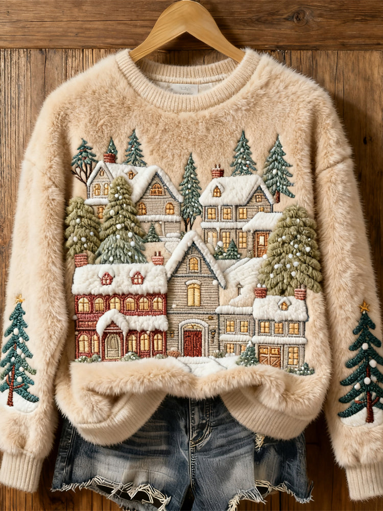 Christmas Tree Snow Scene Embroidery Women's Cozy Plush Sweater artswardrobe