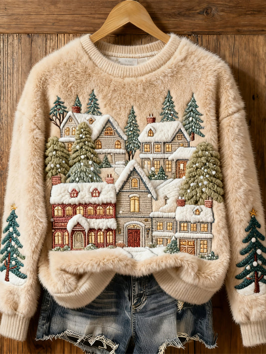 Christmas Tree Snow Scene Embroidery Women's Cozy Plush Sweater