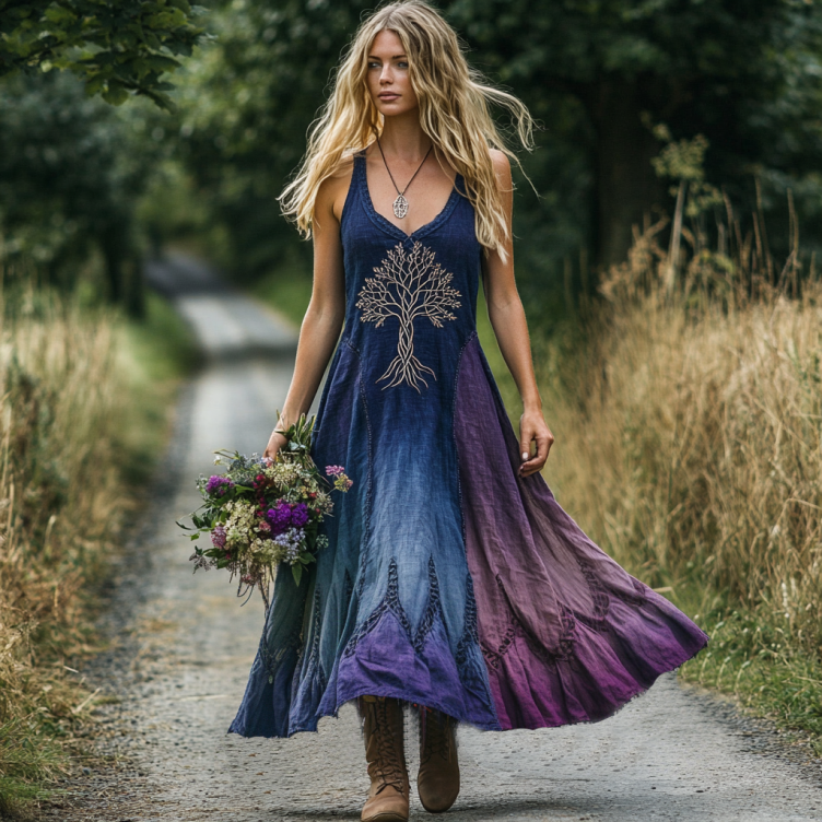 Vintage Viking Tribal Celtic Knot Tree Of Life Gradient Art Linen Tank Dress artswardrobe