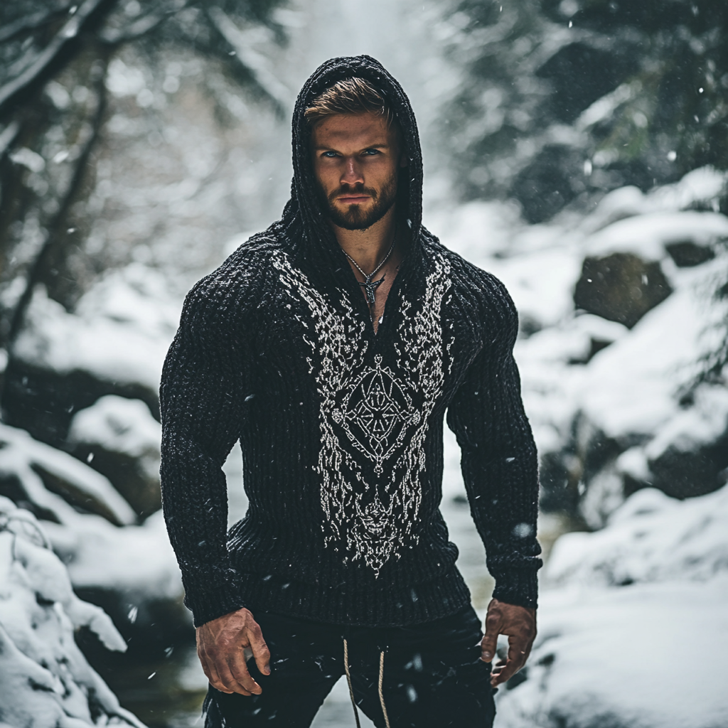 Men's Viking Tribal Dreamcatcher Jacquard Celtic Inspired Chunky Knit Hooded Sweater elevenforest