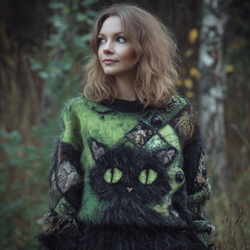 Women's Casual Vintage Halloween Black Cat Embroidered Sweater elevenforest