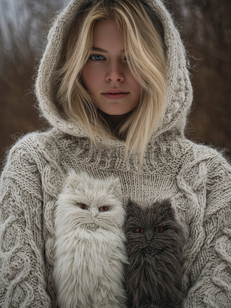 Cute Fuzzy Cats Embroidered Cozy Hooded Sweater artswardrobe