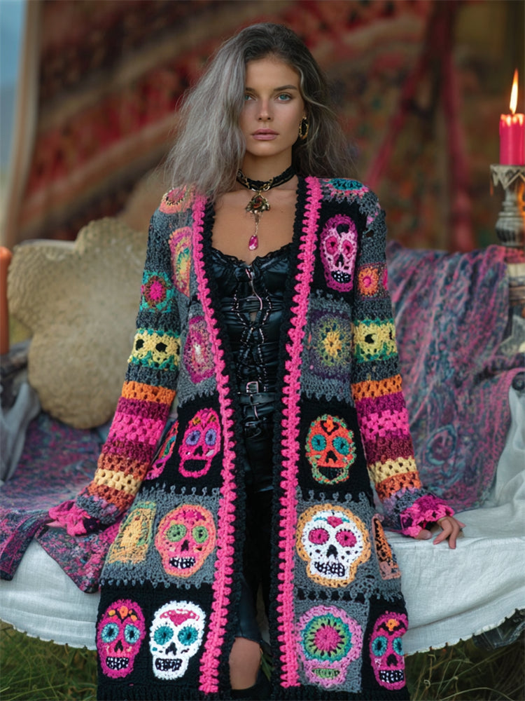 Day Of The Dead Sugar Skulls Floral Colorblock Crochet Cozy Long Cardigan artswardrobe