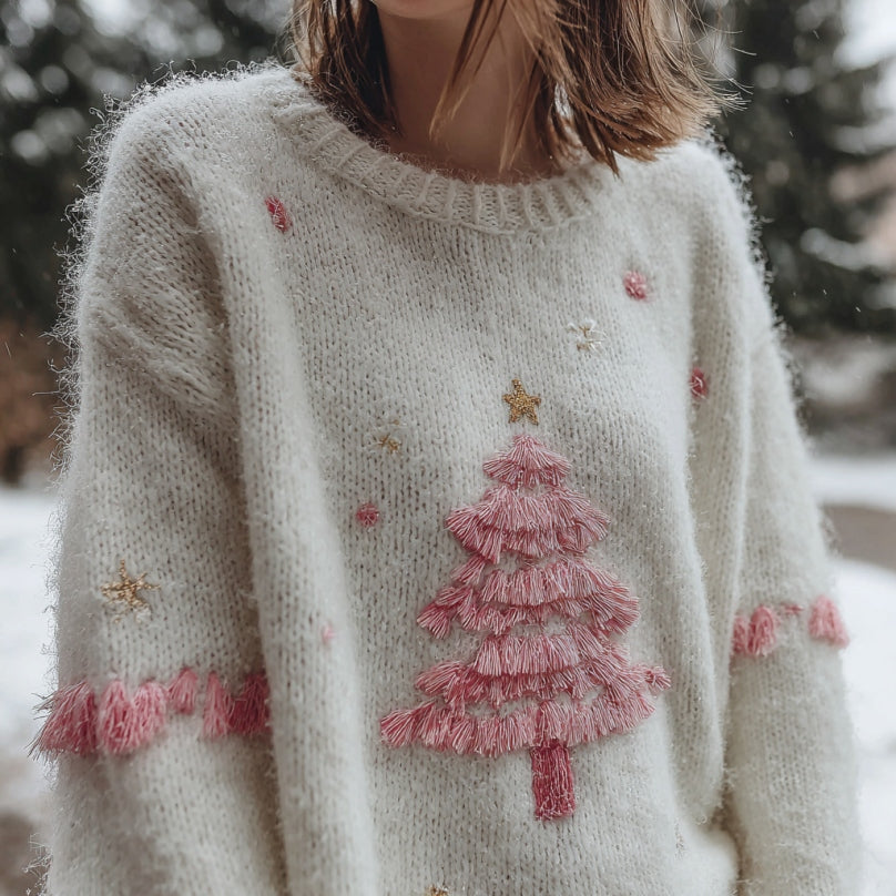 Women's Pink Christmas Tree Embroidered Cozy Knit Sweater artswardrobe