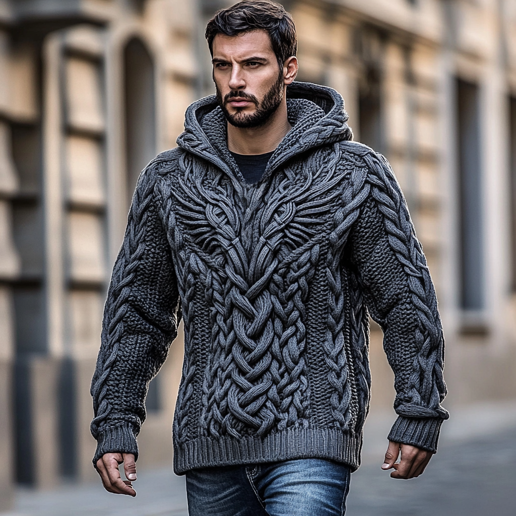 Men's Viking Dragon Celtic Jacquard Chunky Knitted Cozy Hooded Sweater artswardrobe
