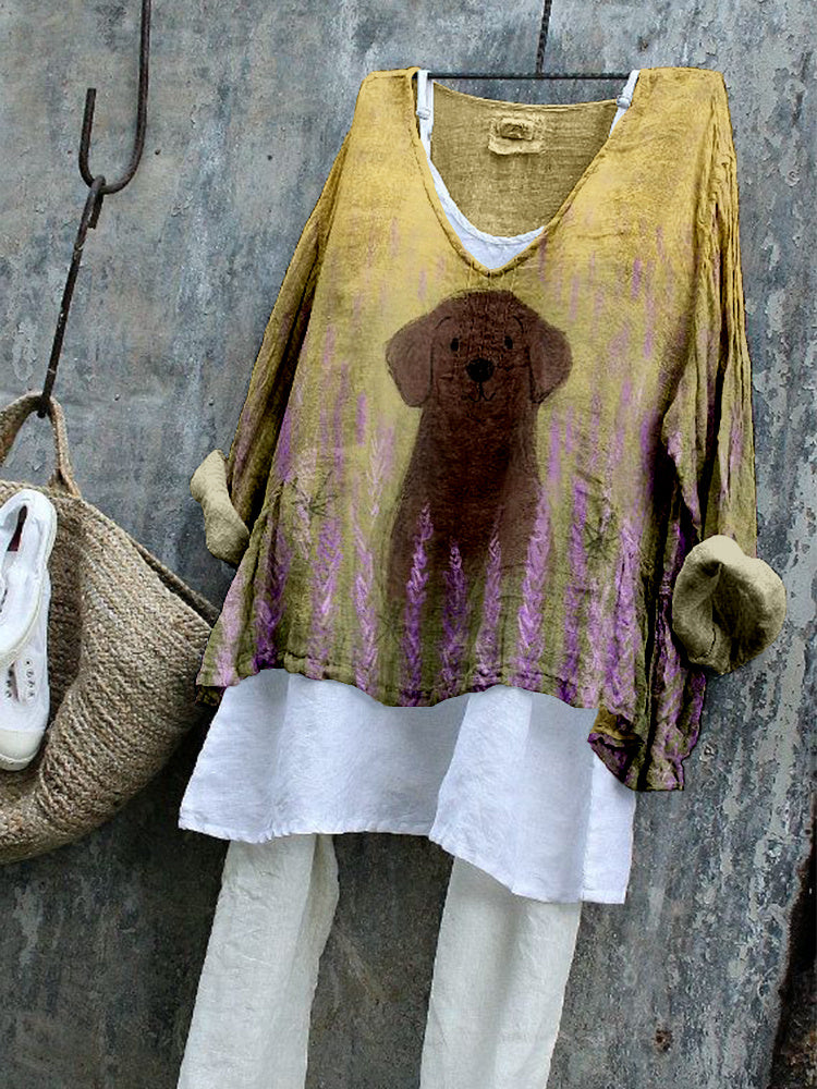 Comstylish Cute Dog & Lavender Art Linen Blend Tunic