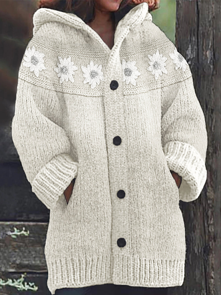 Vintage Flowers Crochet Yoke Cozy Knit Hooded Cardigan artswardrobe