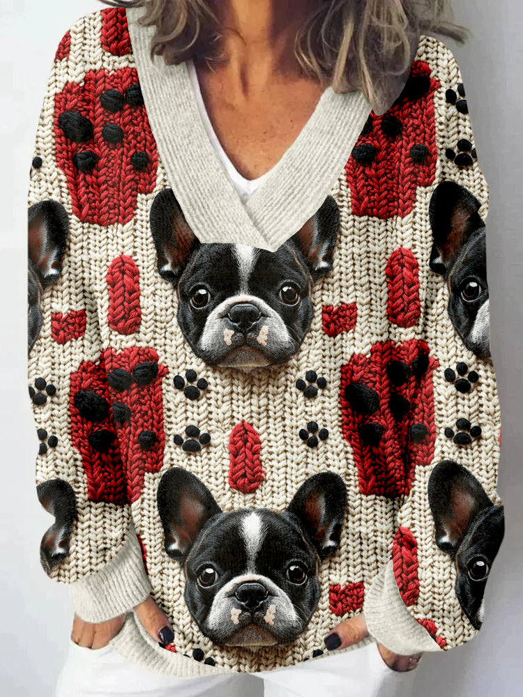 Comstylish French Bulldog Knitted Pattern V Neck Cozy Sweater