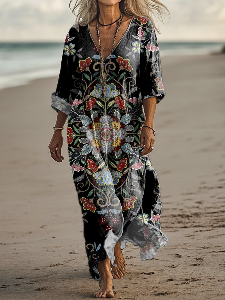 Women's Vintage Folk Flower Art Print Pocket Cotton Dress