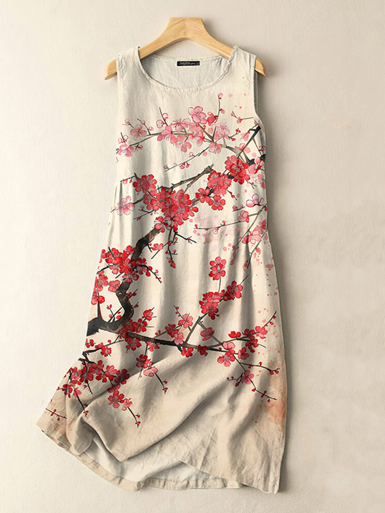 Vintage Japanese Flower Print Sleeveless Cotton And Linen Midi Dress