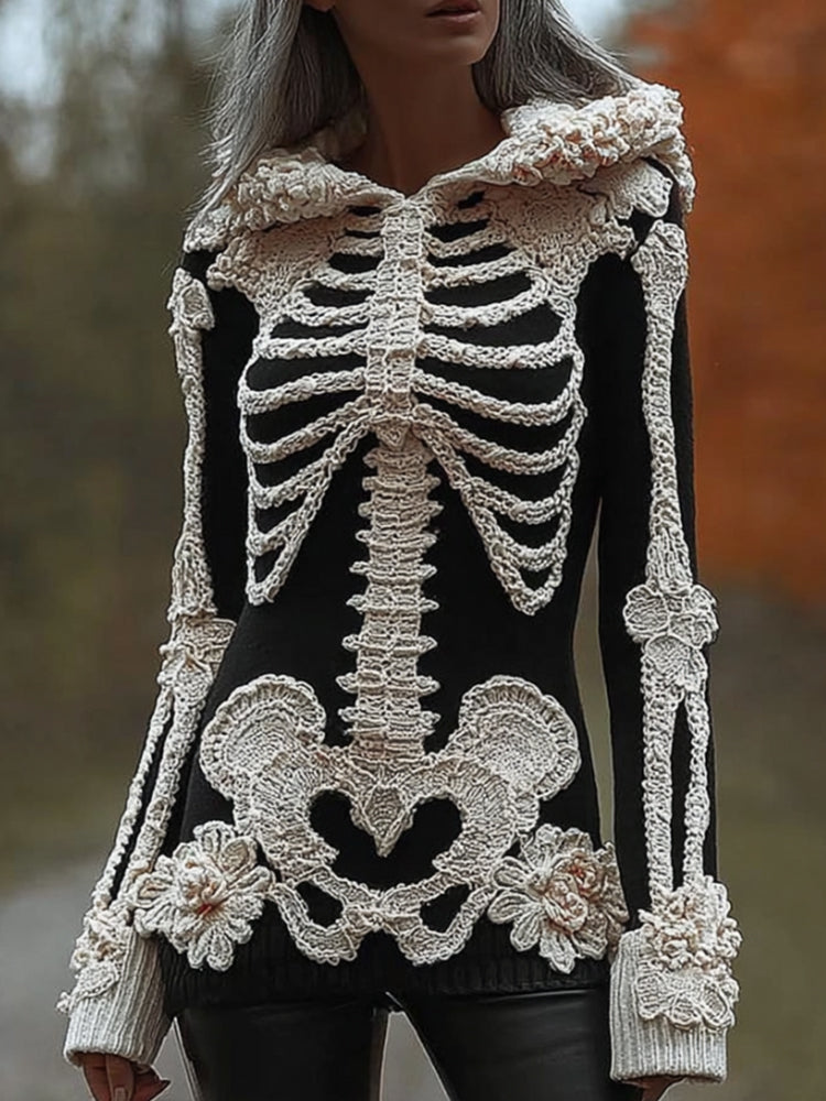 Women's Halloween Skeleton Rose Art Black Hooded Sweater artswardrobe