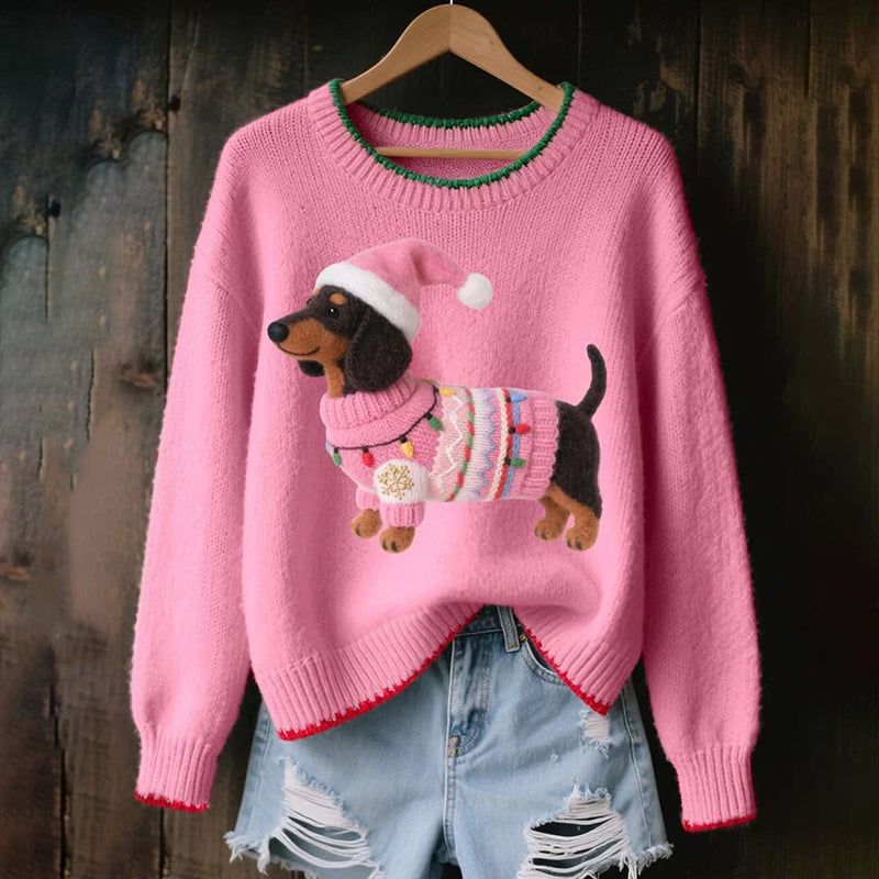 Women's Lovely Christmas Dachshund Felt Art Cozy Knit Sweater artswardrobe